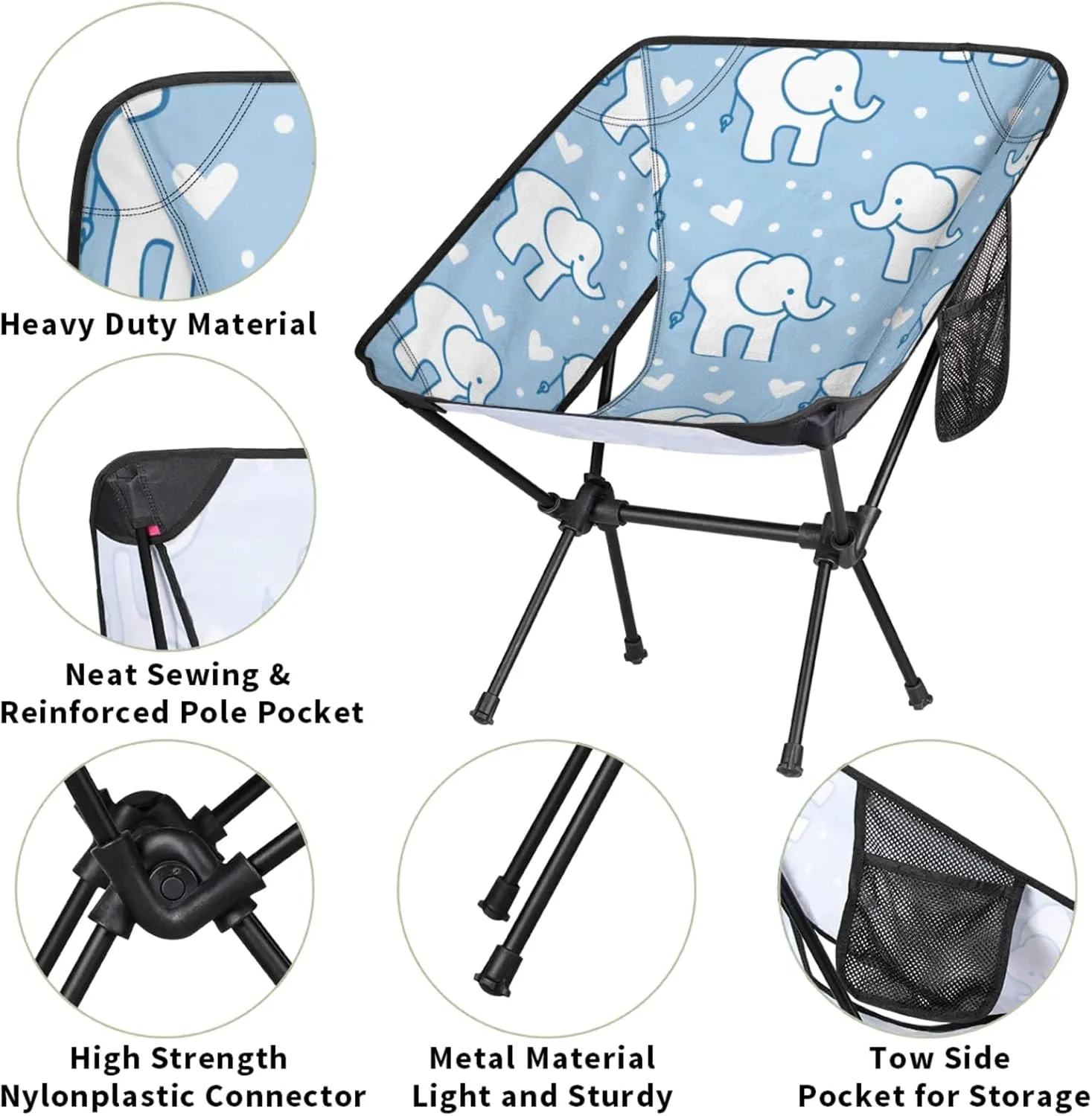 Folding Camping Chair Elephants Love Heart Camping Chairs Lightweight Portable Chair Outdoor Foldable Chairs for Camping Travel Picnic Beach Hiking
