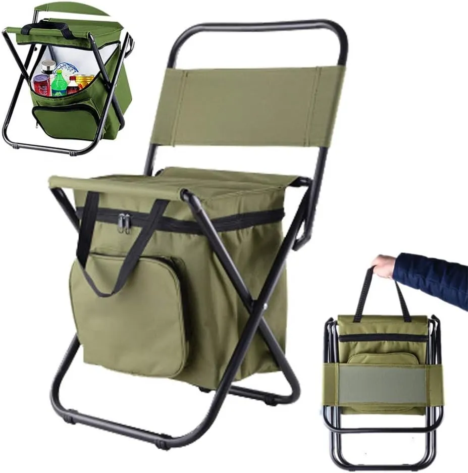 Folding Camping Chair with Cooler Insulated Bag Portable Waterproof Backpacking Fishing Stool Hiking Seat Camping Gear for Outdoor Indoor Picnic Travel Beach BBQ