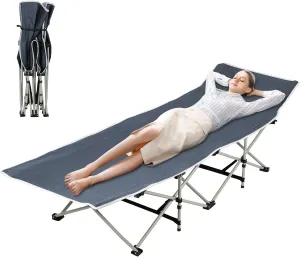 Folding Camping Cot, Adjustable Reclining Lounge Chair with Detachable Pillow & Ergonomic Design, Portable Sleeping Bed for Adults, Camping Bed for Outdoor, Beach, or Home Use, Supports Up to 330 lbs