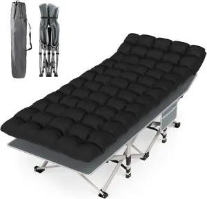 Folding Camping Cot Bed, 1200D Double Layer Oxford Portable Folding Outdoor Cots for Camping W/Soft Pad Carry Bag for Home Office Nap Beach Travel (Black)