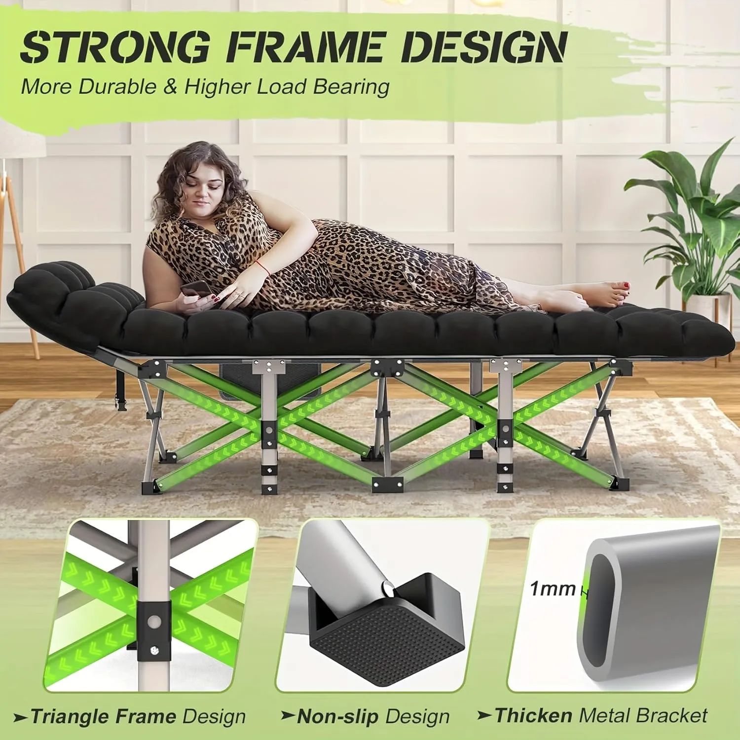 Folding Camping Cot Bed, 1200D Double Layer Oxford Portable Folding Outdoor Cots for Camping W/Soft Pad Carry Bag for Home Office Nap Beach Travel (Black)