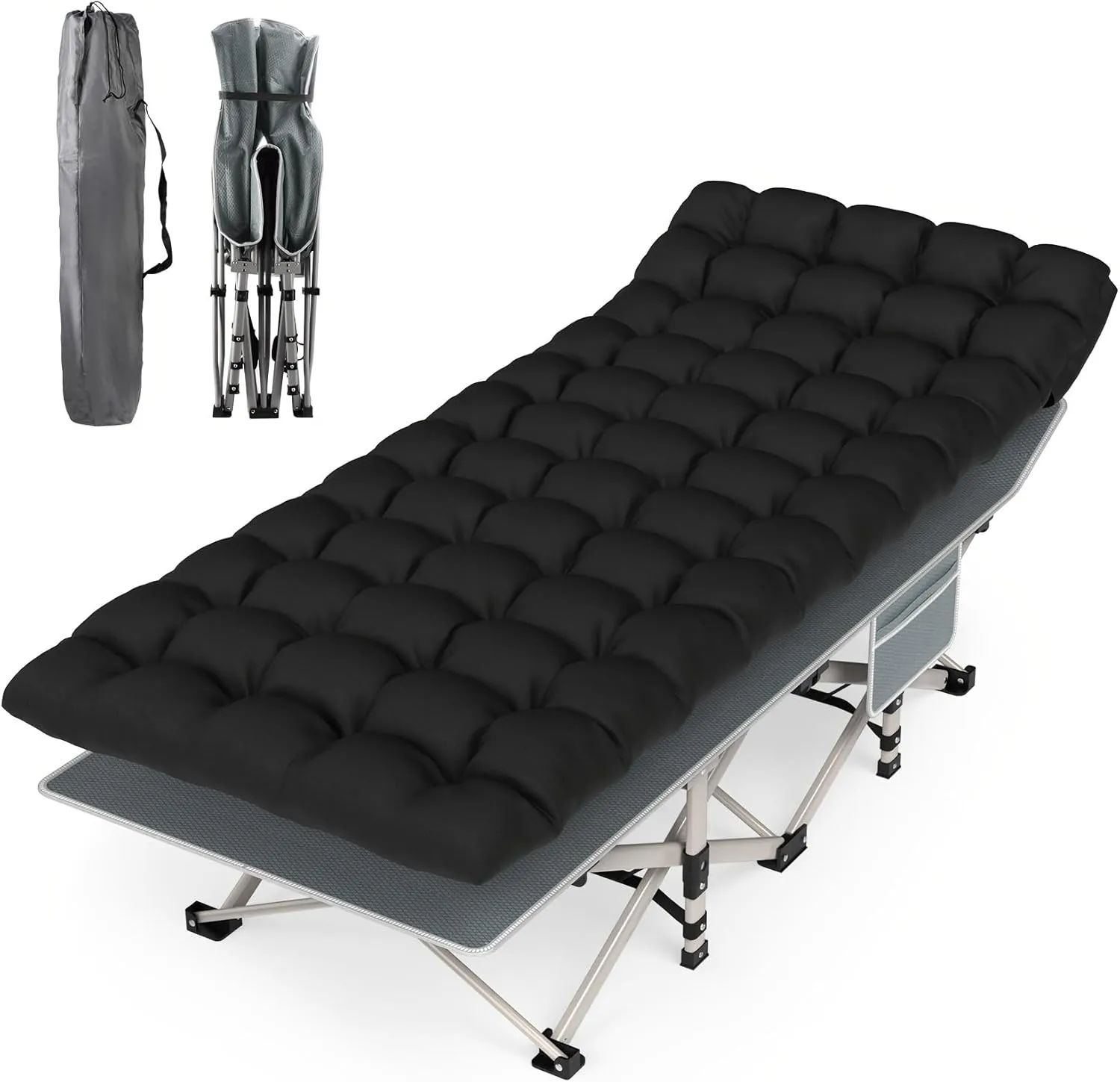 Folding Camping Cot Bed, 1200D Double Layer Oxford Portable Folding Outdoor Cots for Camping W/Soft Pad Carry Bag for Home Office Nap Beach Travel (Black)