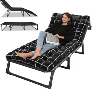Folding Camping Cot for Adults, Adjustable Portable Cot with Pillow, Oxford Portable Travel Cots 4-Position Reclining Folding Chaise, Outdoor Lounge Chair Sleeping Cot Bed for Office, Pool,Beach