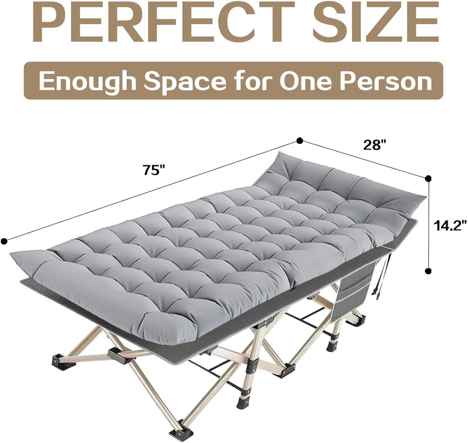 Folding Camping Cot for Adults - Heavy Duty Sleeping Cots with Carry Bag, Double Layer Oxford Portable Travel Camp Cots for Outdoor Camp Beach Home Office (Gold Frame with Gray Pad, 1PACK)