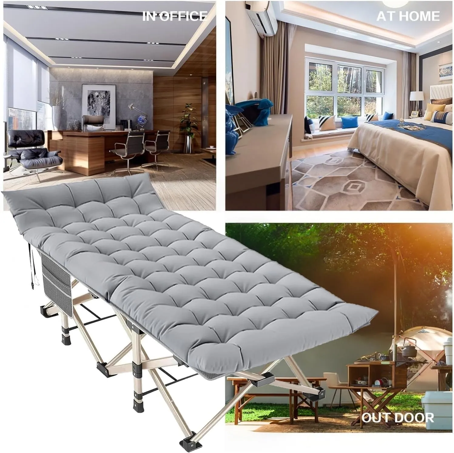 Folding Camping Cot for Adults - Heavy Duty Sleeping Cots with Carry Bag, Double Layer Oxford Portable Travel Camp Cots for Outdoor Camp Beach Home Office (Gold Frame with Gray Pad, 1PACK)