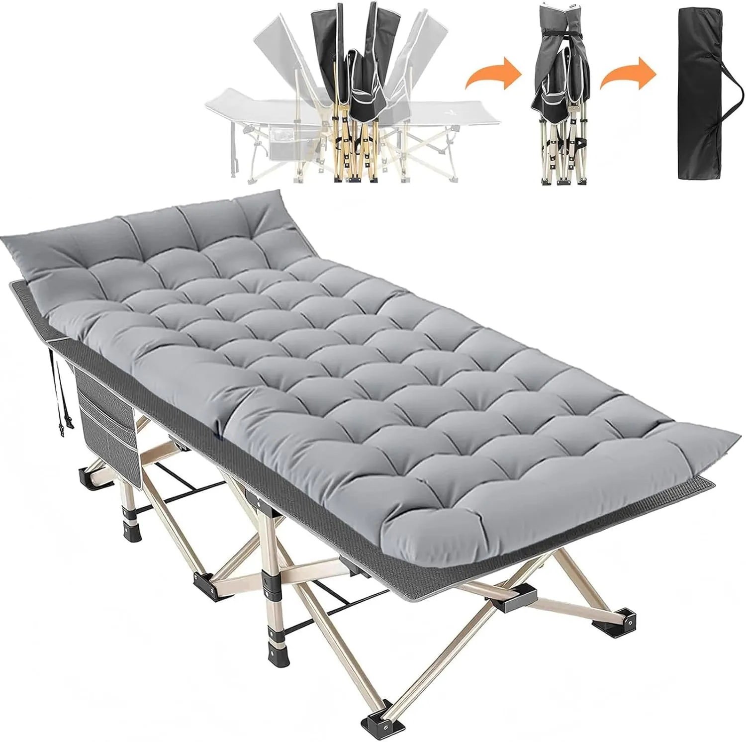 Folding Camping Cot for Adults - Heavy Duty Sleeping Cots with Carry Bag, Double Layer Oxford Portable Travel Camp Cots for Outdoor Camp Beach Home Office (Gold Frame with Gray Pad, 1PACK)