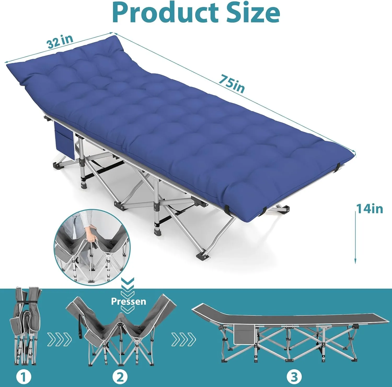 Folding Camping Cot for Adults, Heavy Duty Sleeping Cots with Mattress, Carry Bag, 1200D Double Layer Oxford Portable Camp Cots for Home Office Outdoor