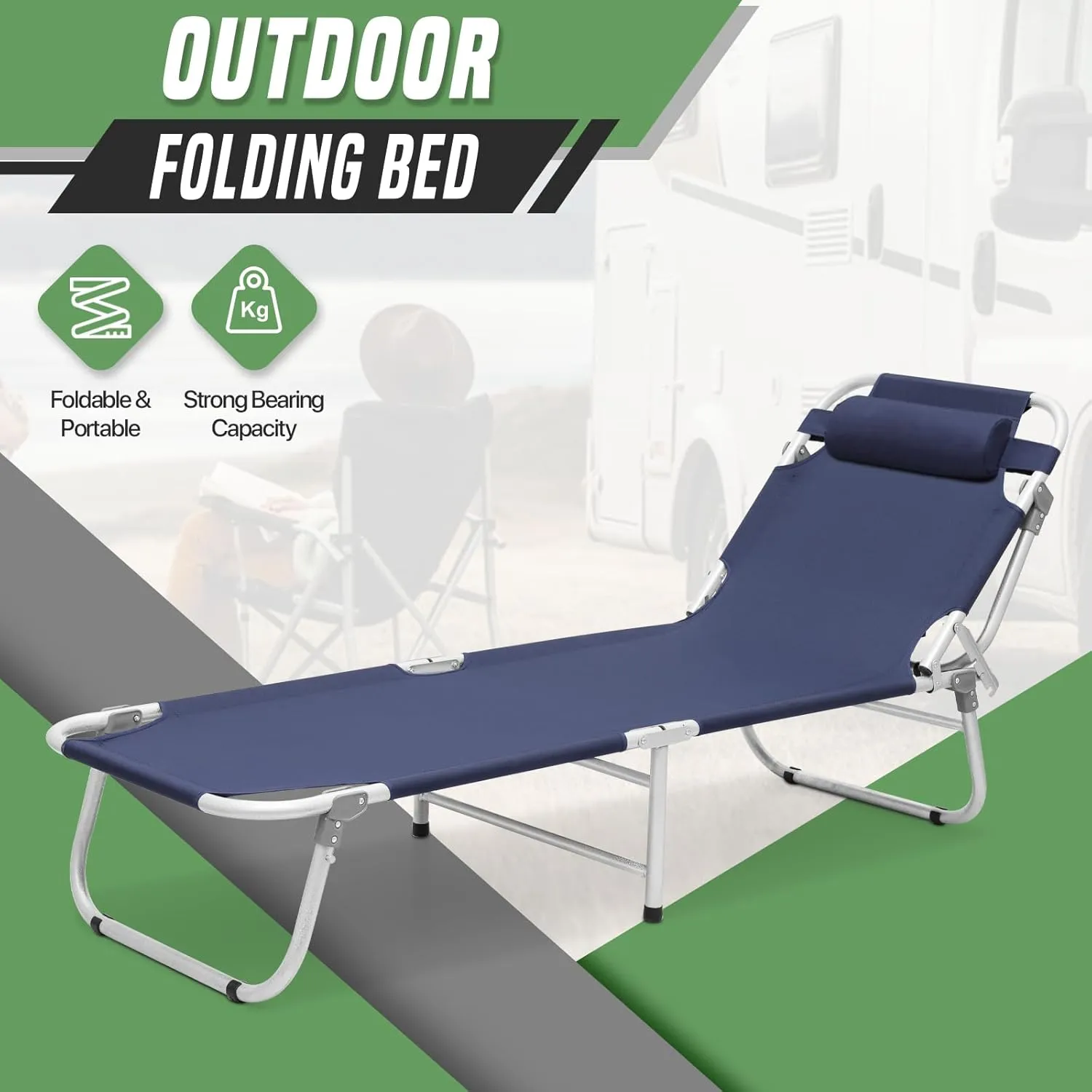 Folding Camping Cot for Adults, Portable Sleeping Bed Camp Cot with 4-Position Adjustable Backrest Headrest Carry Bag, Supports up to 6.2ft or 300lbs, Ideal for Outdoor Hiking, Navy Blue