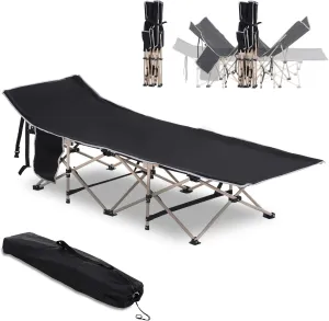 Folding Camping Cot for Adults with Carry Bag, Side Pocket, Outdoor Portable Sleeping Bed for Travel, Camp, Vacation, 330 lbs. Capacity, Black