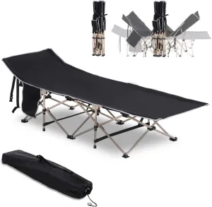 Folding Camping Cot for Adults with Carry Bag, Side Pocket, Outdoor Portable Sleeping Bed for Travel, Camp, Vacation, 330 lbs. Capacity, Black