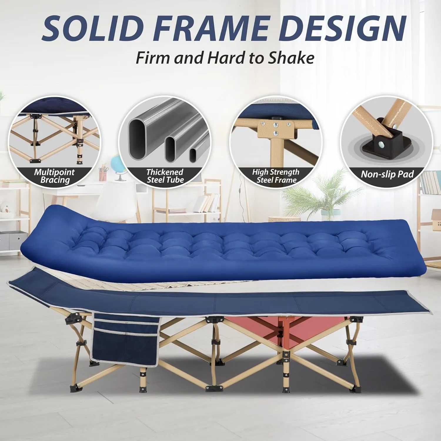 Folding Camping Cot for Sleeping, Portable Cots for Adults, Heavy Duty Cot Bed 550LBS(Max Load), Extra Wider Cots with Large Pocket for Outdoor, Office, Beach