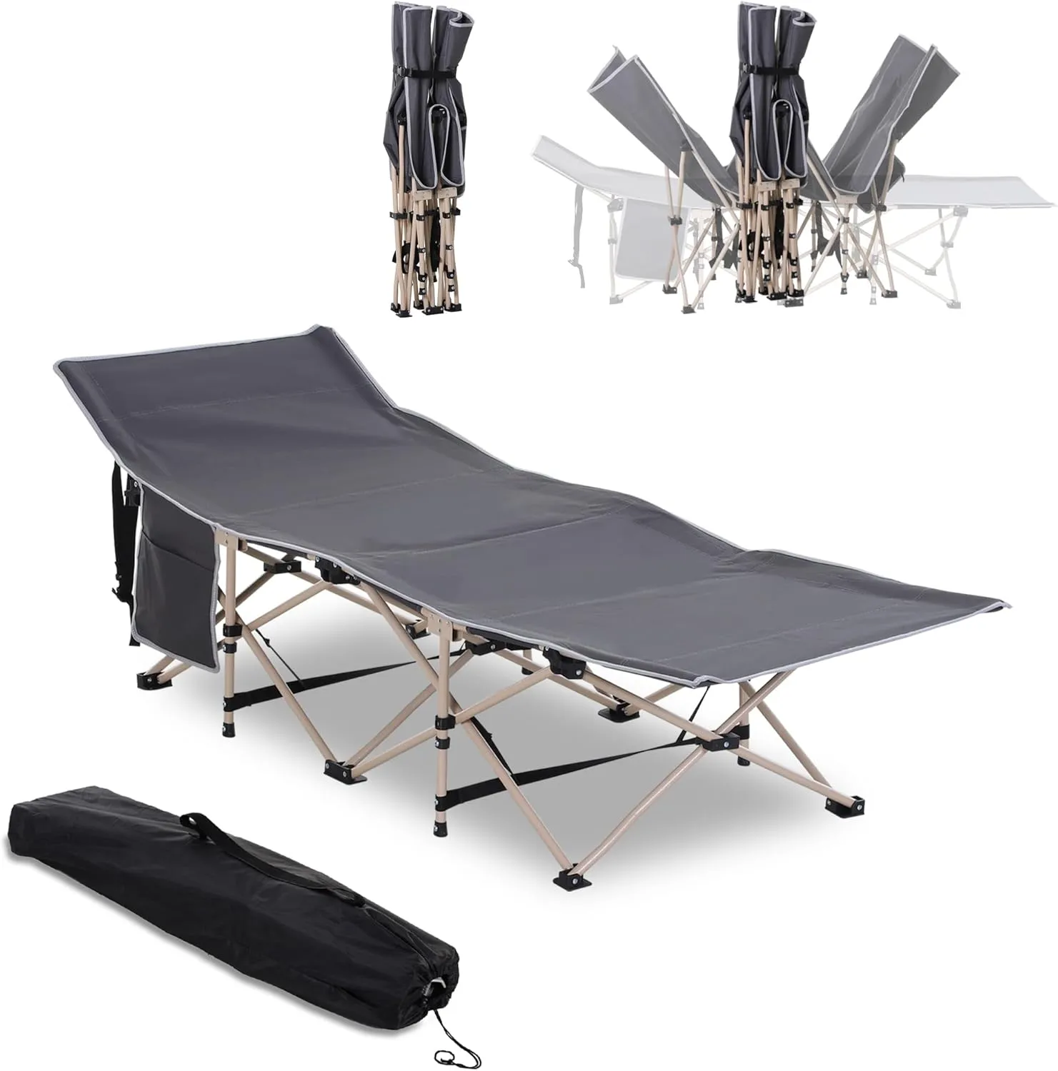 Folding Camping Cot, Portable Bed for Adults with Carry Bag, Elevated Side Pocket, 330 lbs Weight Capacity, Gray