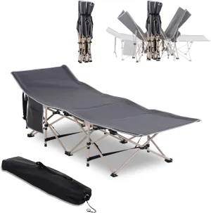 Folding Camping Cot, Portable Bed for Adults with Carry Bag, Elevated Side Pocket, 330 lbs Weight Capacity, Gray
