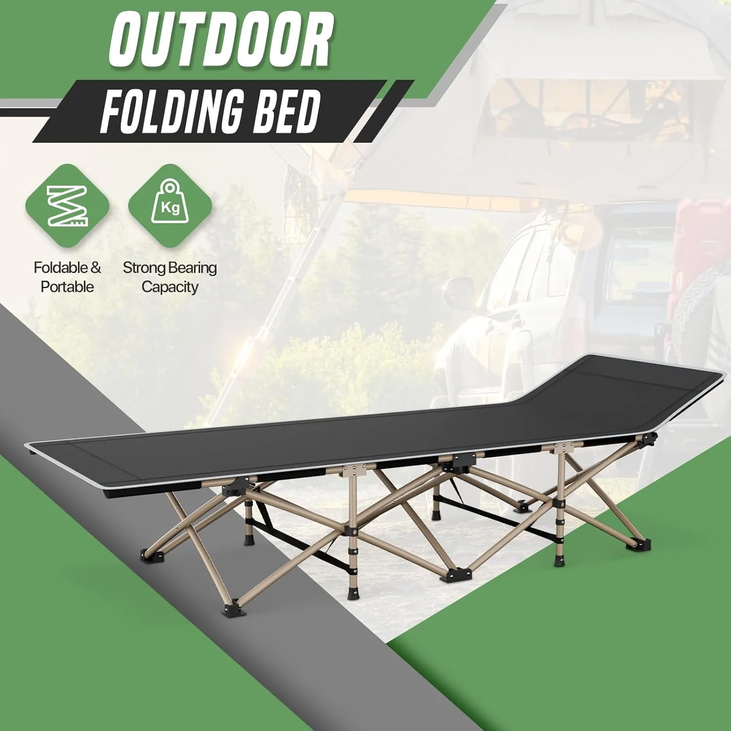 Folding Camping Cot with Ergonomic Tilt, Portable Sleeping Bed 600d Oxford Camp Bed for Comfort and Water Resistant, Easy to Setup, Perfect for Travel, Hiking and Beach, Black