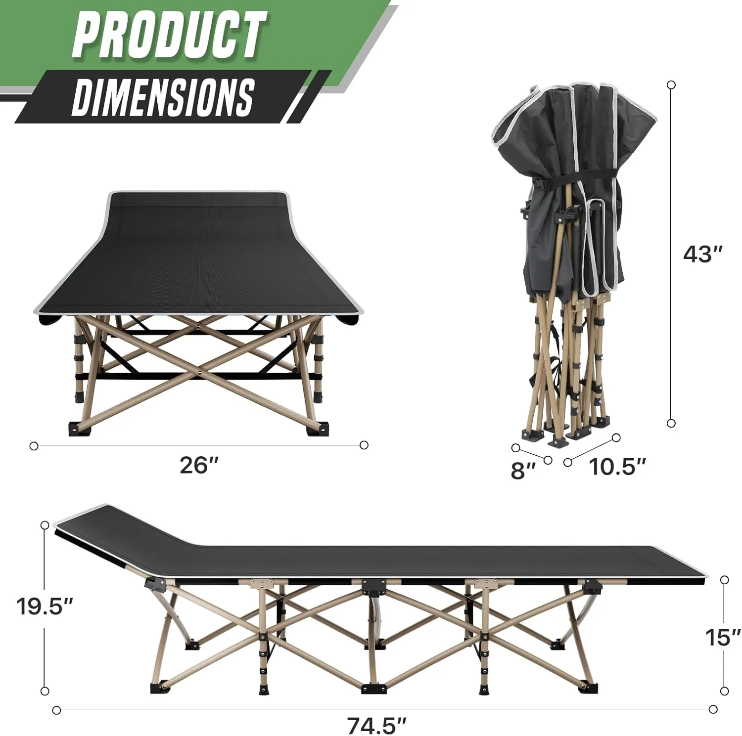 Folding Camping Cot with Ergonomic Tilt, Portable Sleeping Bed 600d Oxford Camp Bed for Comfort and Water Resistant, Easy to Setup, Perfect for Travel, Hiking and Beach, Black