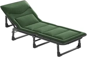 Folding Camping Cot w/Mattress for Adults Portable Wide Sleeping Bed 4-Position Adjustable Heavy Duty Guest Bed Patio Chaise Lounger for Outdoor Travel Camp Beach