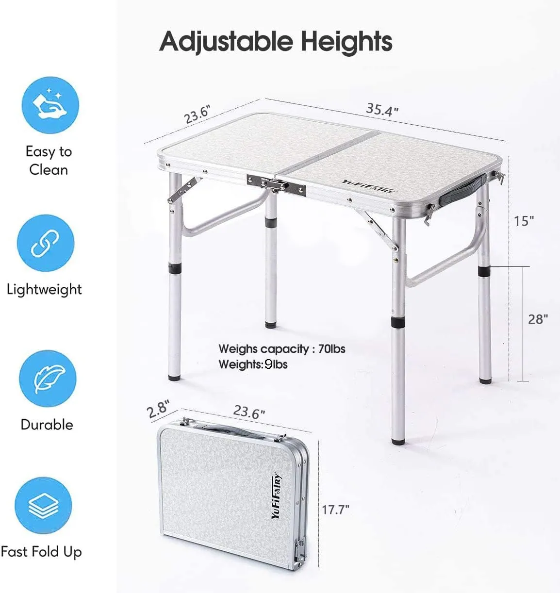 Folding Camping Table, 36''L x24''W Camp Aluminum Table with Adjustable Height Legs, Indoor Outdoor Lightweight Portable Folding Dining Table for Camp Picnic Beach BBQ Cooking 3Ft（2 Heights 15"/28"）