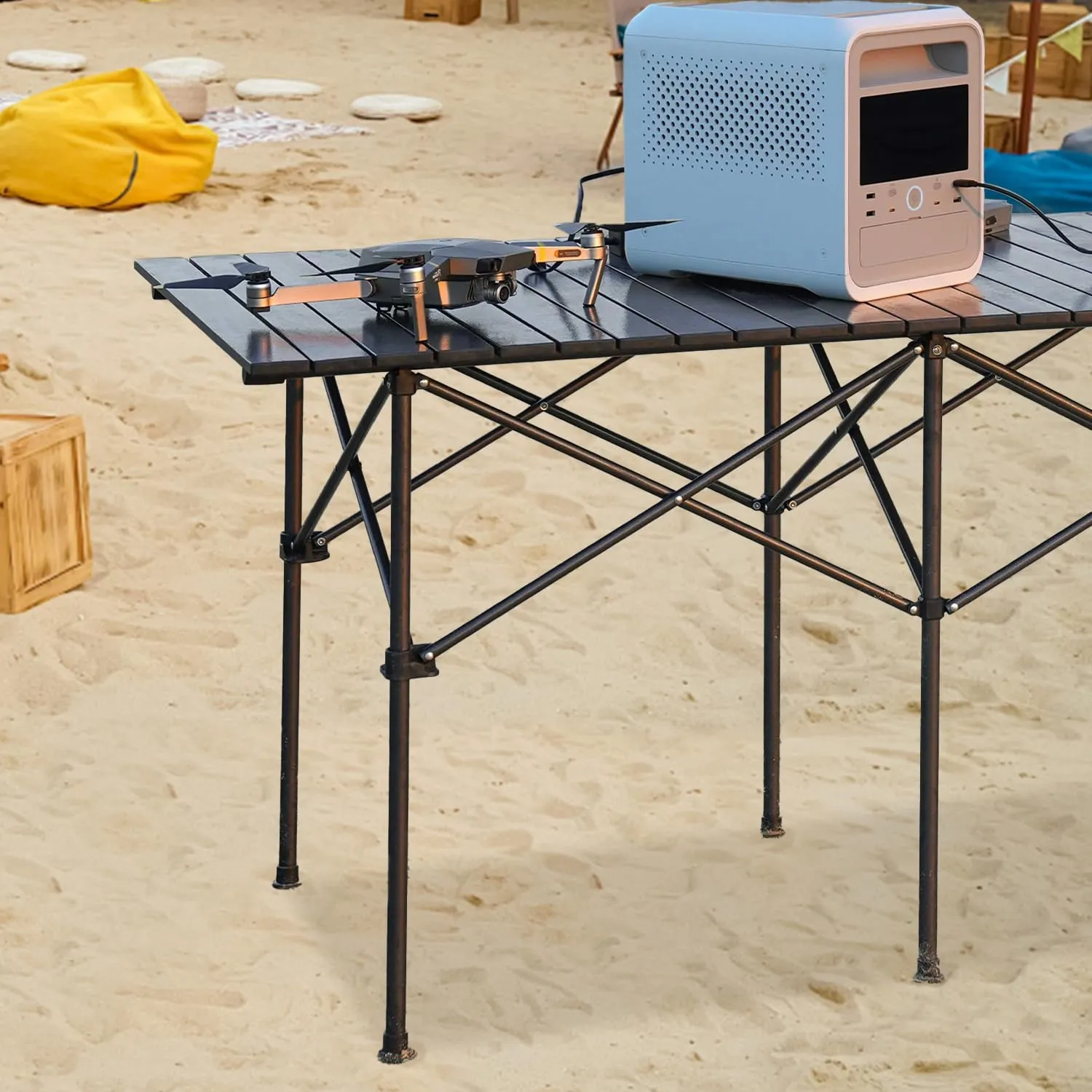 Folding Camping Table with Storage Basket, Portable Picnic Table with Carrying Bag, Foldable Roll Up Camp Table, Aluminum Tabletop, Grill Table for Picnic, Beach, Camping, Black (37”)