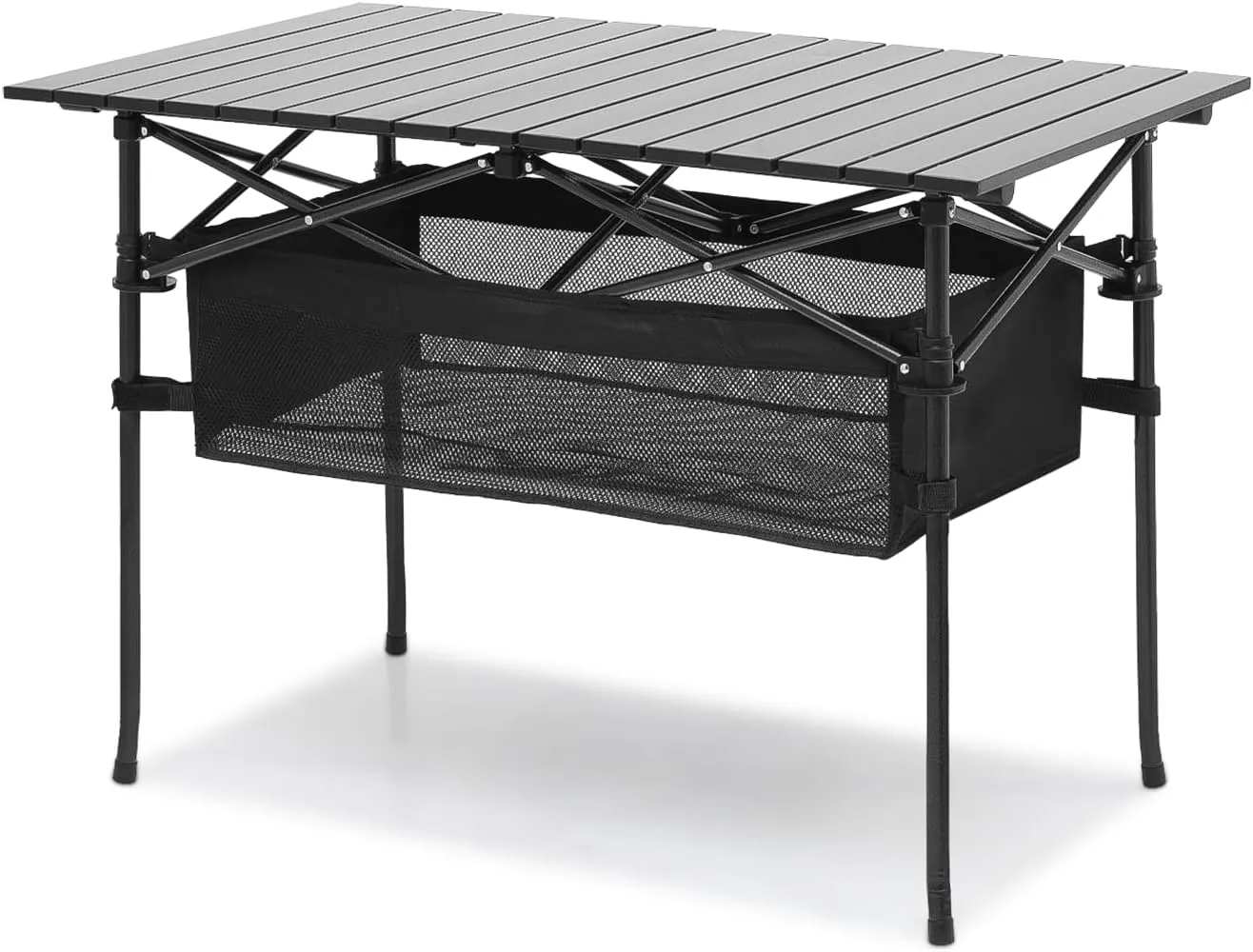 Folding Camping Table with Storage Basket, Portable Picnic Table with Carrying Bag, Foldable Roll Up Camp Table, Aluminum Tabletop, Grill Table for Picnic, Beach, Camping, Black (37”)