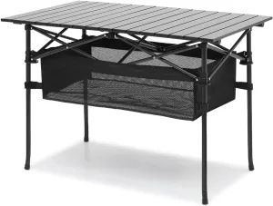 Folding Camping Table with Storage Basket, Portable Picnic Table with Carrying Bag, Foldable Roll Up Camp Table, Aluminum Tabletop, Grill Table for Picnic, Beach, Camping, Black (37”)