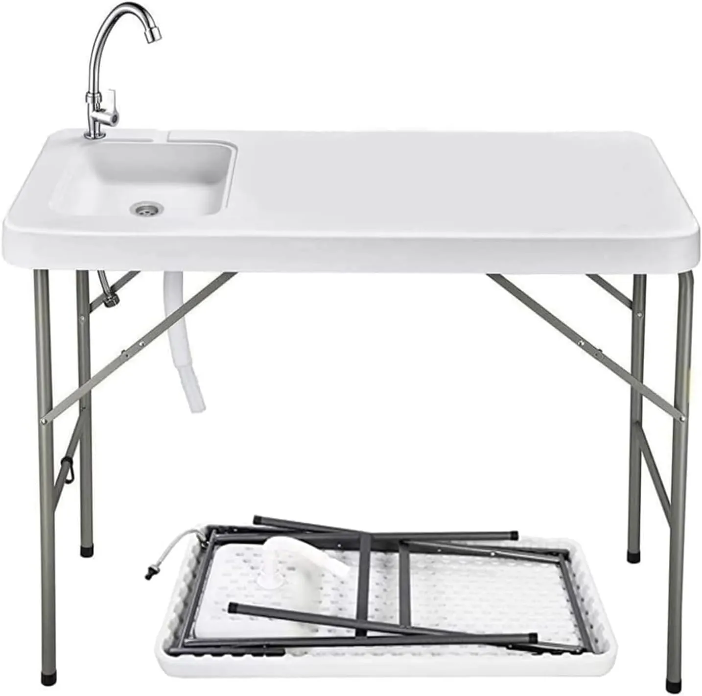 Folding Fishing Cleaning Table, 4ft Portable Foldable Camping Outdoor Table, Fish Cleaning Sink Table with Faucet for Picnic Camping Kitchen Gardening, Style A