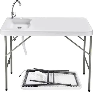 Folding Fishing Cleaning Table, 4ft Portable Foldable Camping Outdoor Table, Fish Cleaning Sink Table with Faucet for Picnic Camping Kitchen Gardening, Style A