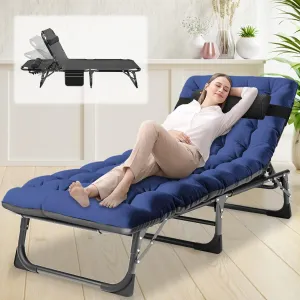 Folding Lounge Chair with Mattress, 4 Position Adjustable Folding Sleeping Bed Cot Patio Chaise Lounge Chairs Perfect for Sunbathing, Camping, Pool, Beach, Patio, Black Chair/Blue Pad
