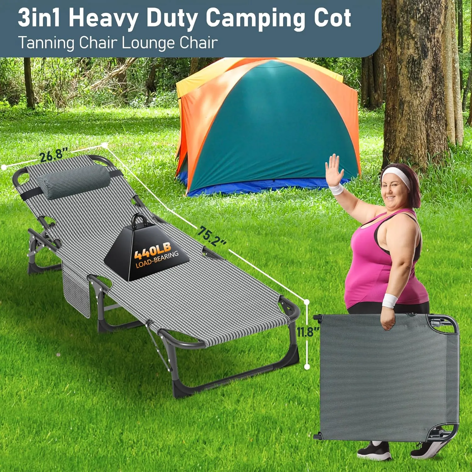 Folding Outdoor Chaise Lounge Chair, 5-Position Reclining Patio Chairs for Sun Tanning, Portable Sleeping Camping Cot for Adult, Sleeping Chair Perfect for Pool Beach Patio Lawn Sunbathing