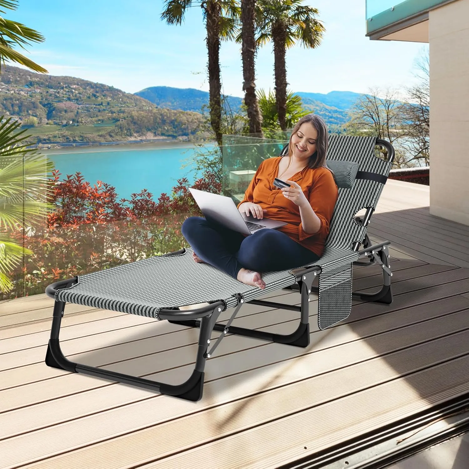 Folding Outdoor Chaise Lounge Chair, 5-Position Reclining Patio Chairs for Sun Tanning, Portable Sleeping Camping Cot for Adult, Sleeping Chair Perfect for Pool Beach Patio Lawn Sunbathing