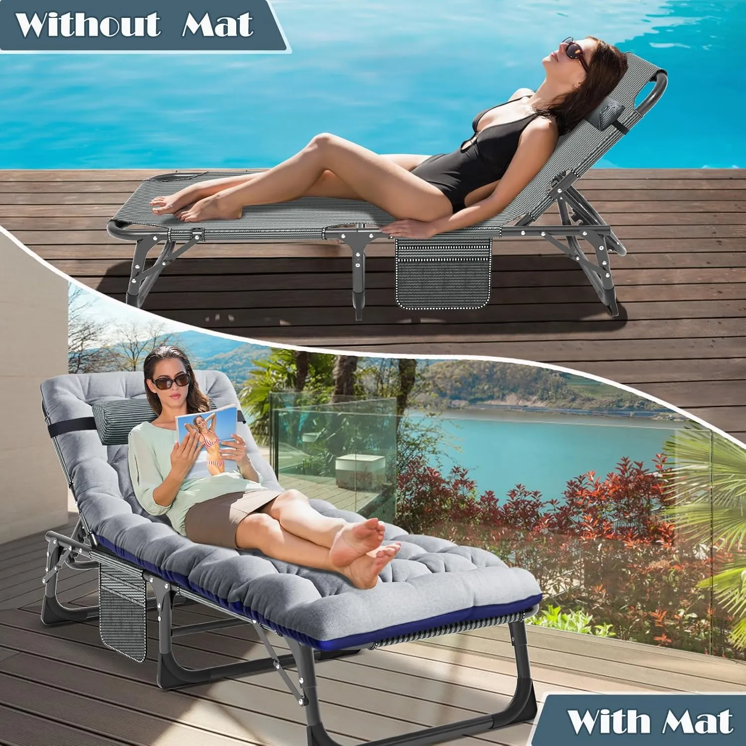 Folding Outdoor Chaise Lounge Chair, 5-Position Reclining Patio Chairs for Sun Tanning, Portable Sleeping Camping Cot for Adult, Sleeping Chair Perfect for Pool Beach Patio Lawn Sunbathing