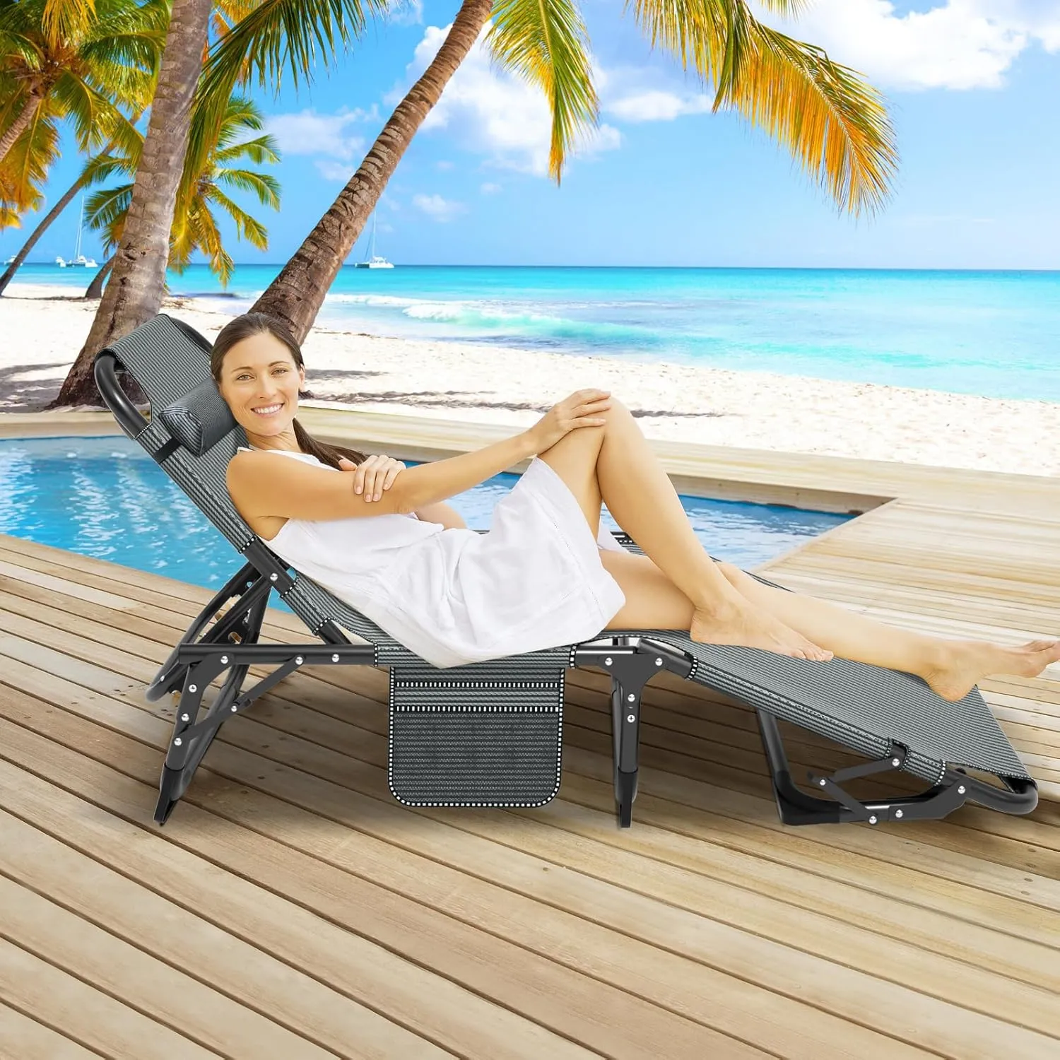 Folding Outdoor Chaise Lounge Chair, 5-Position Reclining Patio Chairs for Sun Tanning, Portable Sleeping Camping Cot for Adult, Sleeping Chair Perfect for Pool Beach Patio Lawn Sunbathing