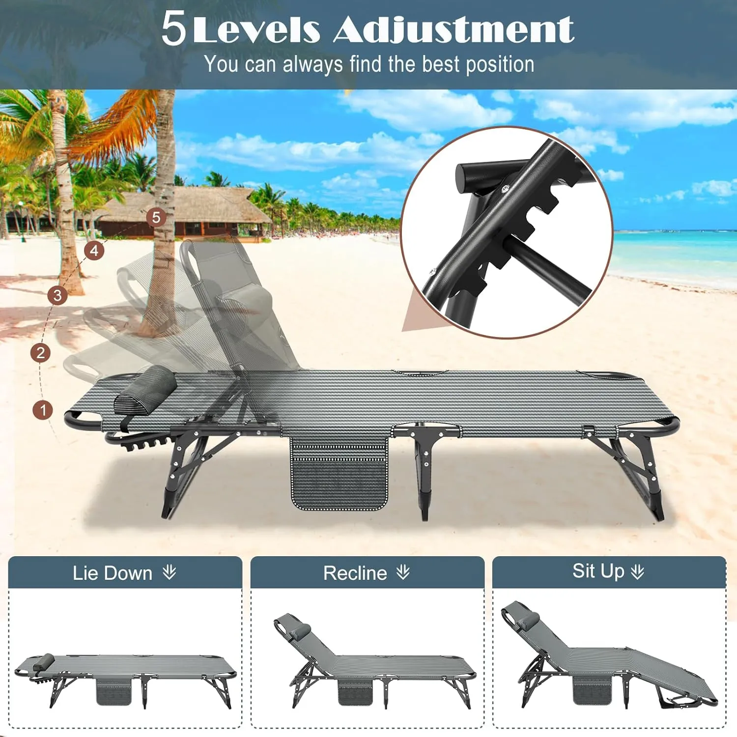 Folding Outdoor Chaise Lounge Chair, 5-Position Reclining Patio Chairs for Sun Tanning, Portable Sleeping Camping Cot for Adult, Sleeping Chair Perfect for Pool Beach Patio Lawn Sunbathing