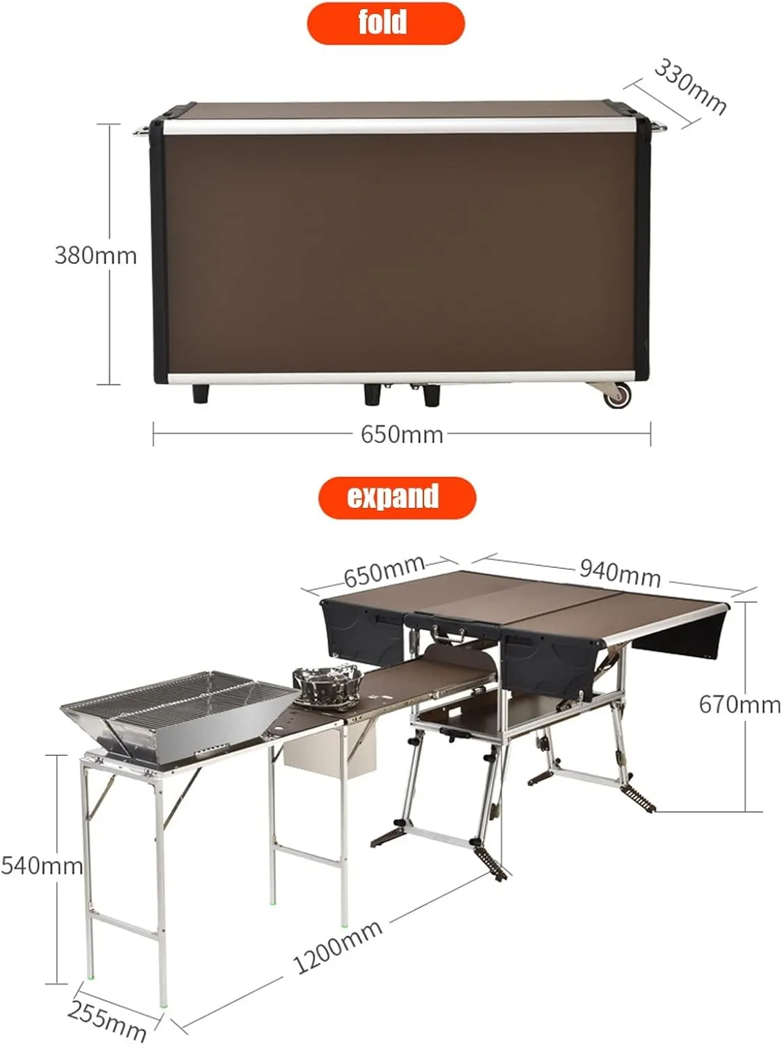 Folding Portable Grill Table with 37'' Main Tabletop, Aluminum Quick Set-up, Outdoor Mobile Kitchen Food Prep Station for Picnic Tailgating RV Backyard (Color : Package 3)
