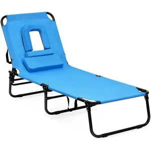 Folding Steel Outdoor Lounge Chair in Blue with Adjustable Back and Hole