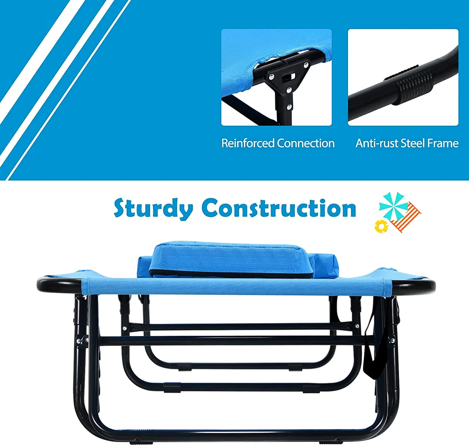 Folding Steel Outdoor Lounge Chair in Blue with Adjustable Back and Hole