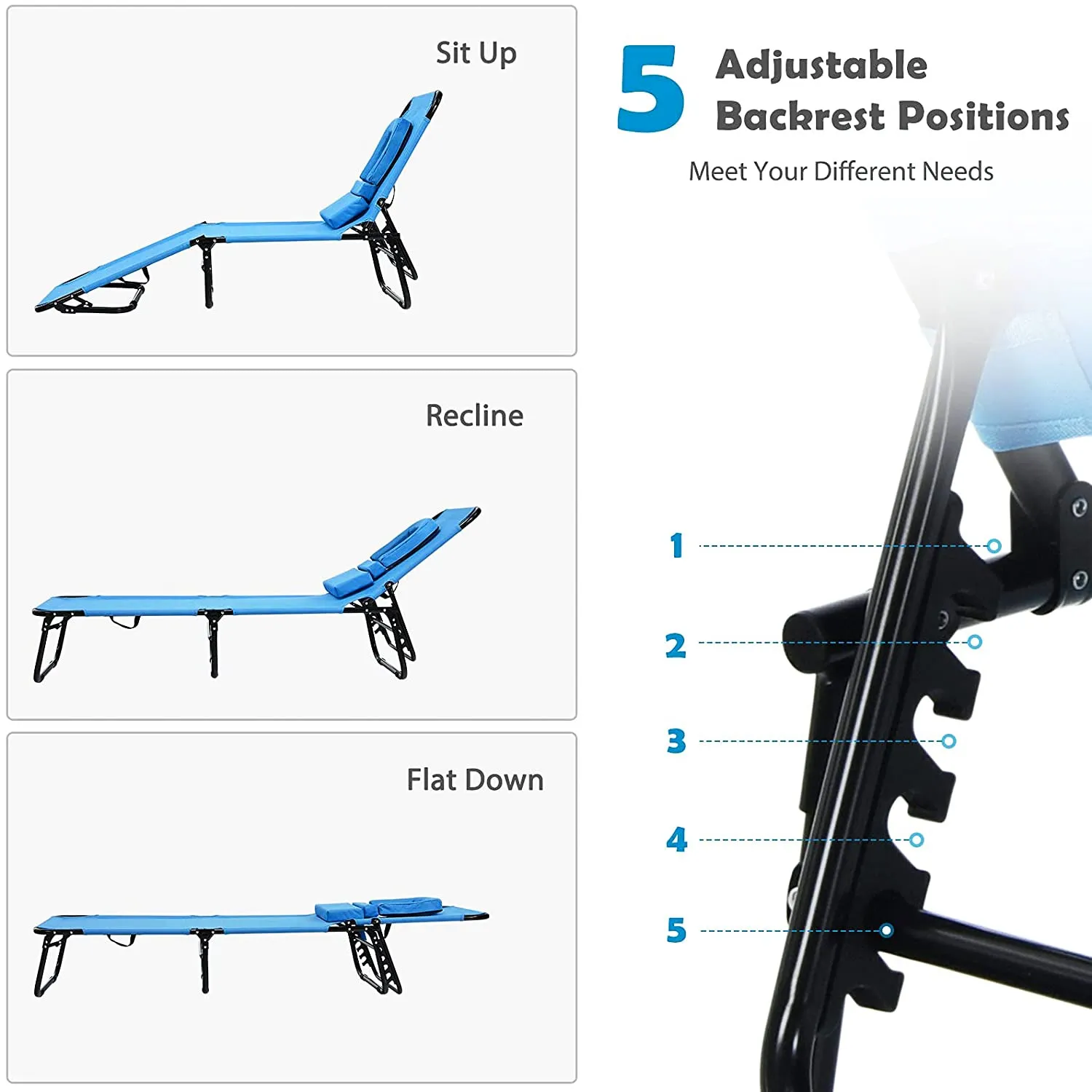 Folding Steel Outdoor Lounge Chair in Blue with Adjustable Back and Hole
