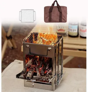 Folding Stove for Camping, Wood Stove Portable Campfire, Camping Cookware, Wood Burner Stove Stainless Steel Foldable, Camping Tent Grill Wood Stove, with Grill   Tote Bag(L)