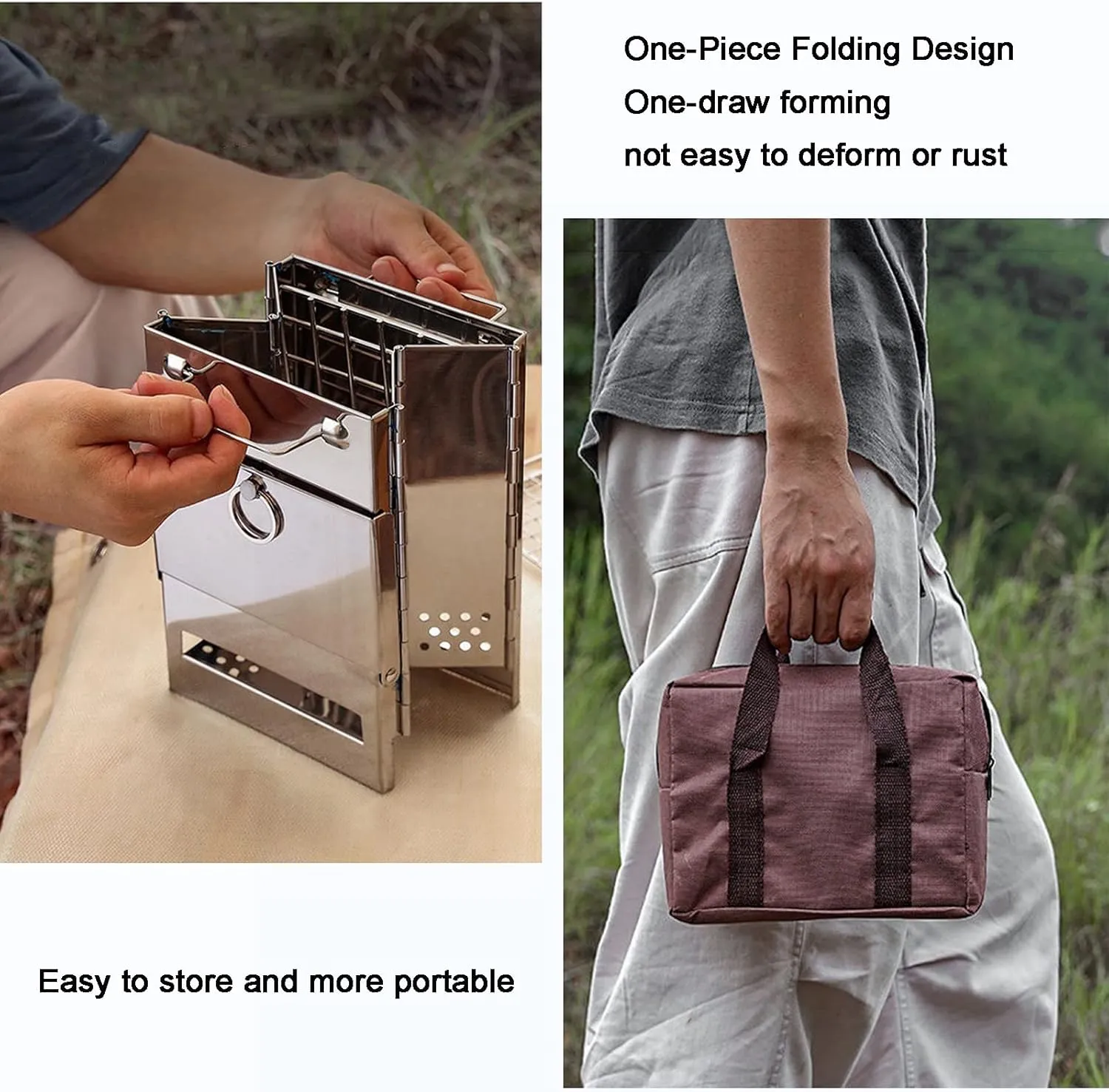 Folding Stove for Camping, Wood Stove Portable Campfire, Camping Cookware, Wood Burner Stove Stainless Steel Foldable, Camping Tent Grill Wood Stove, with Grill   Tote Bag(L)