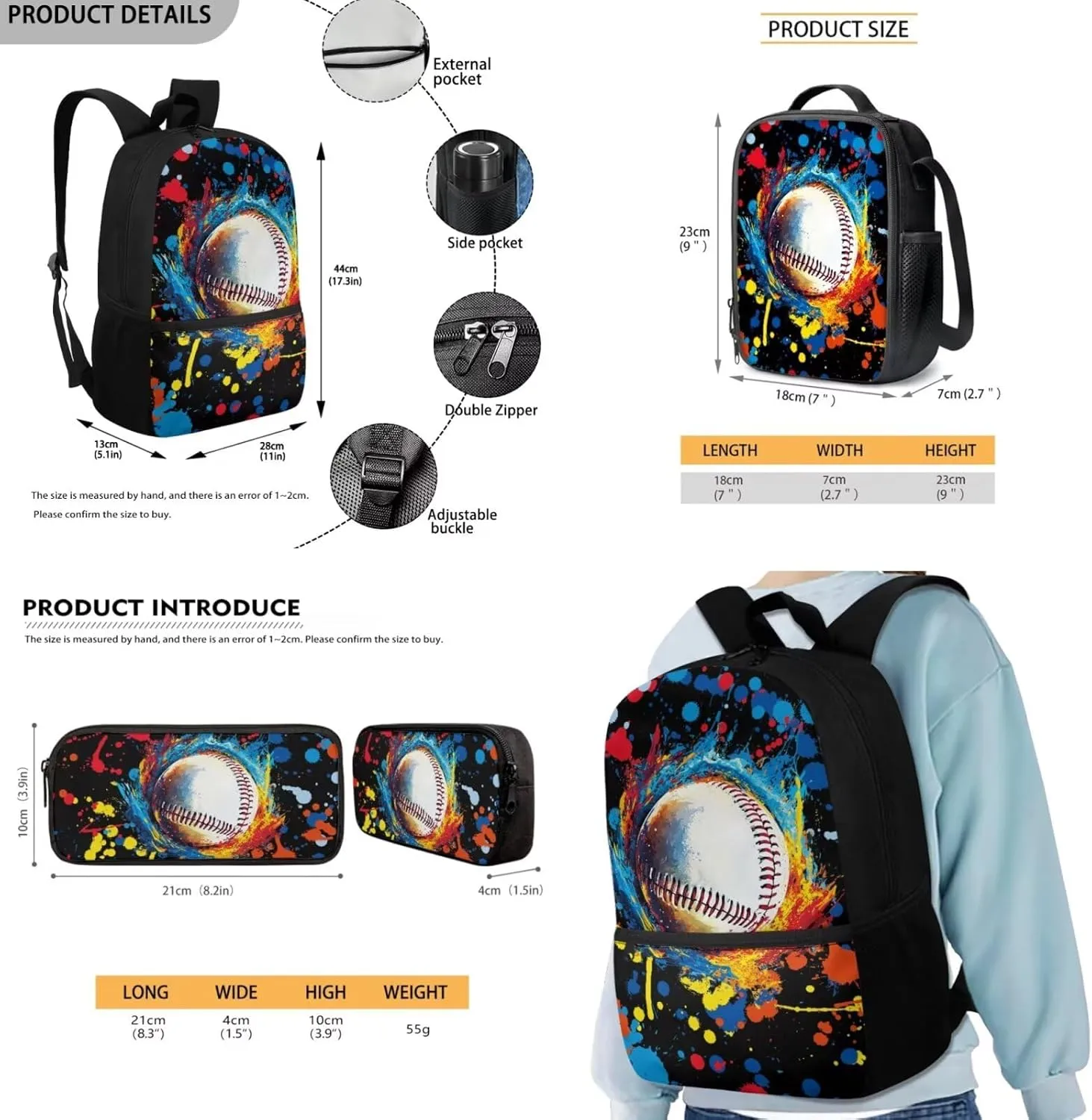 FOR U DESIGNS 3 in 1 Backpack Kids Boys 7-8 Baseball Lightweight School Bag and Lunch Bag Set 17 Inch Kindergarten Elementary Bookbag for School 6th Grade Back Pack