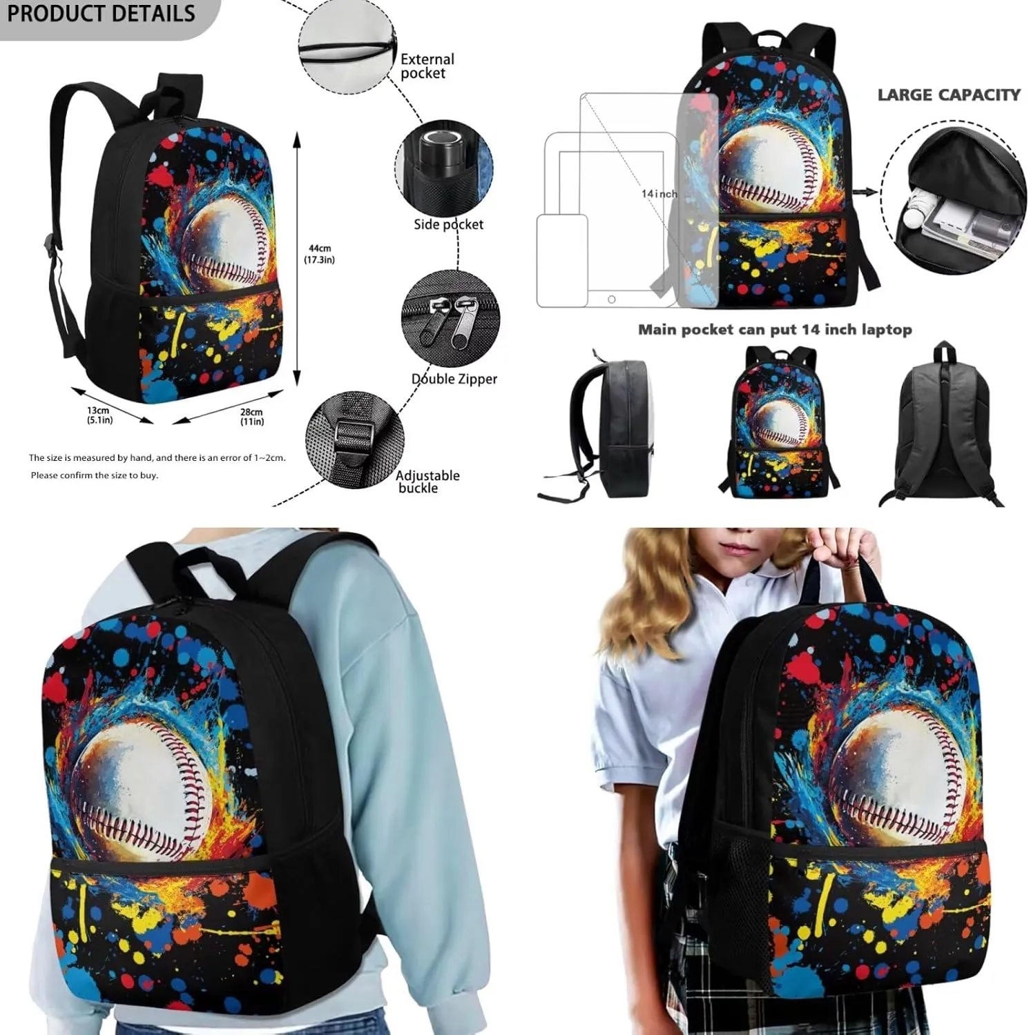 FOR U DESIGNS 3 in 1 Backpack Kids Boys 7-8 Baseball Lightweight School Bag and Lunch Bag Set 17 Inch Kindergarten Elementary Bookbag for School 6th Grade Back Pack