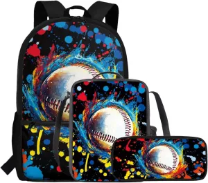 FOR U DESIGNS 3 in 1 Backpack Kids Boys 7-8 Baseball Lightweight School Bag and Lunch Bag Set 17 Inch Kindergarten Elementary Bookbag for School 6th Grade Back Pack
