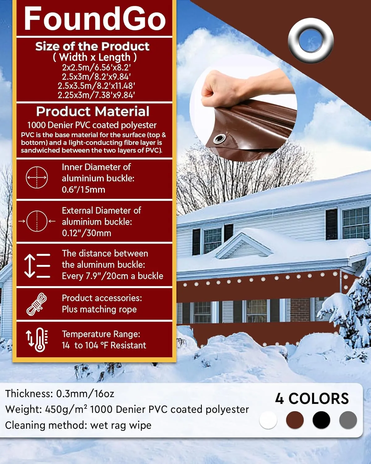 FoundGo 2x2.5m（79" H x 98" W） Outdoor Vinyl Curtain [16oz/14mil 0.3mm] Heavy Duty Clear Tarp Waterproof Vinyl Tarps Waterproof & UV Resistant Vinyl Patio Enclosure - Height x Width
