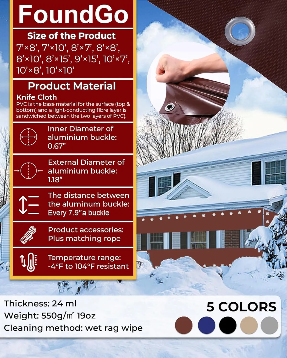 FoundGo 9'H x 15'W Vinyl Curtains for Patio 19oz, Outdoor Clear Vinyl Patio Enclosure,Heavy Duty Clear Tarp Waterproof Vinyl Tarps with Grommets for Pergola, Balcony,Porch,Gazebos，-4℉ Cold Resistant