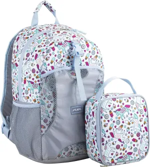 FUEL Lunch Backpack Set Water Resistant Dome Bookbag Bag Soft Reusable Insulated Cooler Lunch Box Thermal Travel Office Lunch Bag, Unicorn Donuts