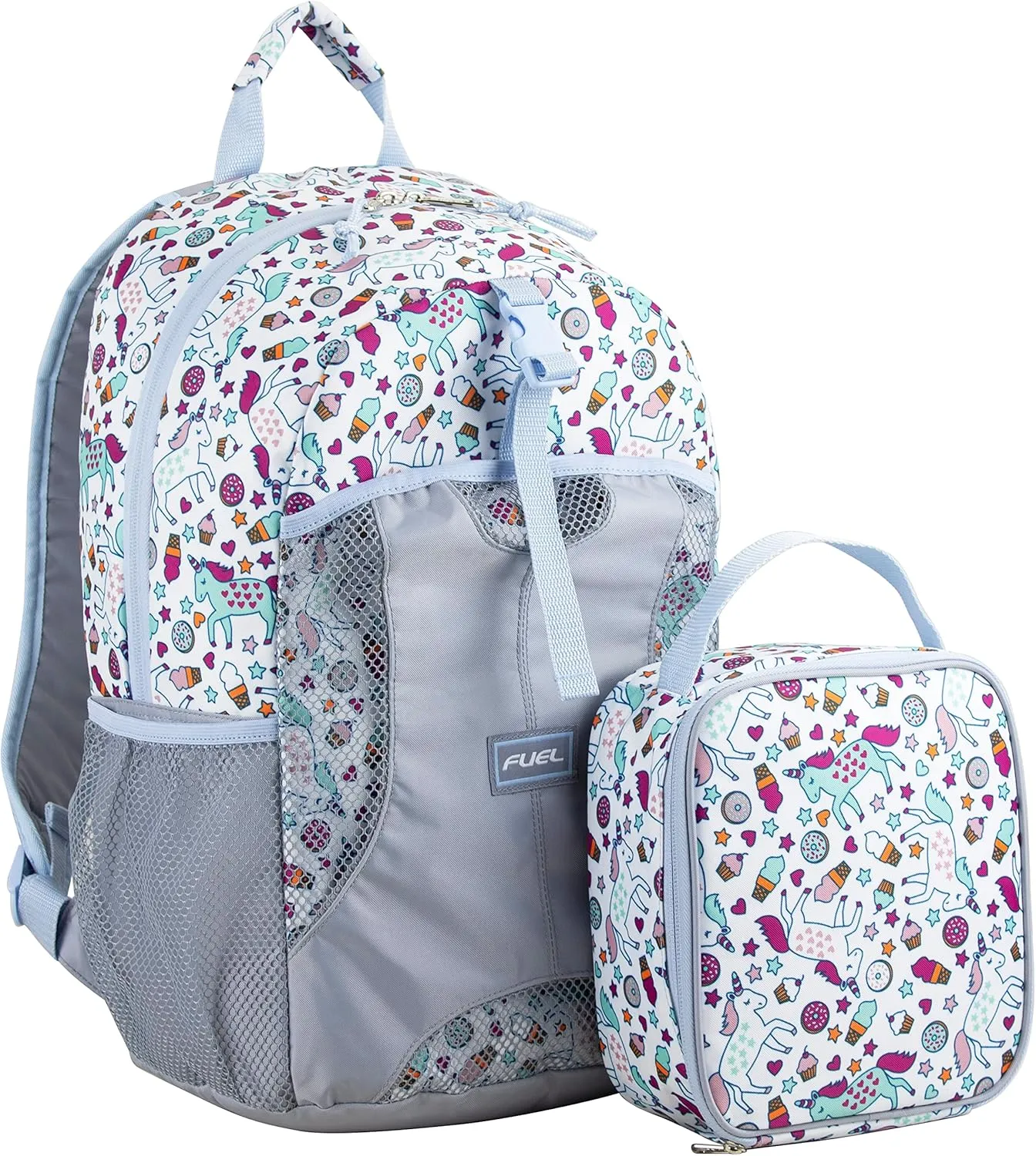 FUEL Lunch Backpack Set Water Resistant Dome Bookbag Bag Soft Reusable Insulated Cooler Lunch Box Thermal Travel Office Lunch Bag, Unicorn Donuts