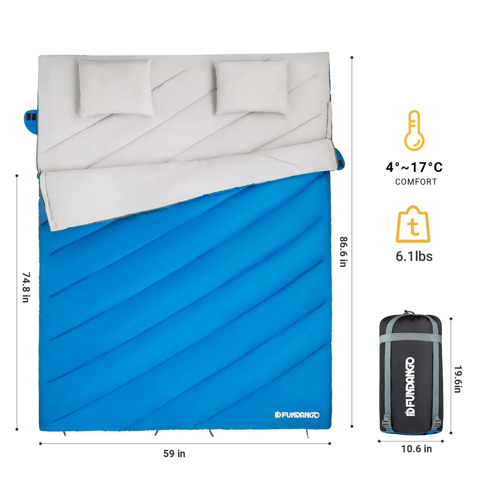 FUNDANGO 3-in-1 Double Sleeping Bag Waterproof Lightweight with 2 Pillows