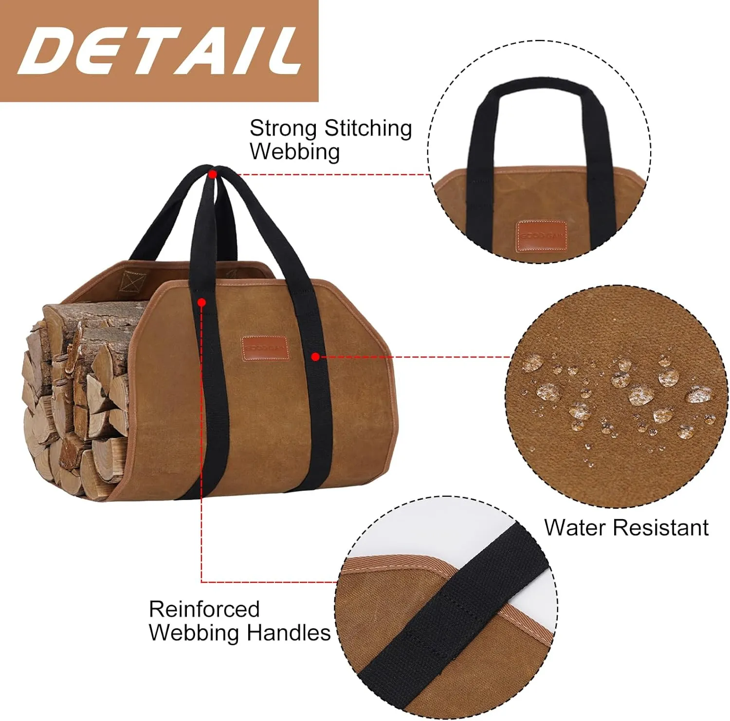 G GOOD GAIN Firewood Carrier Waxed Canvas with Handles, Wood Carrier for Firewood, 39x18 Inch Heavy Duty Firewood Storage Tote, Fireplace Log Carrier Indoor Bag, Wood Stove Accessories. Rust