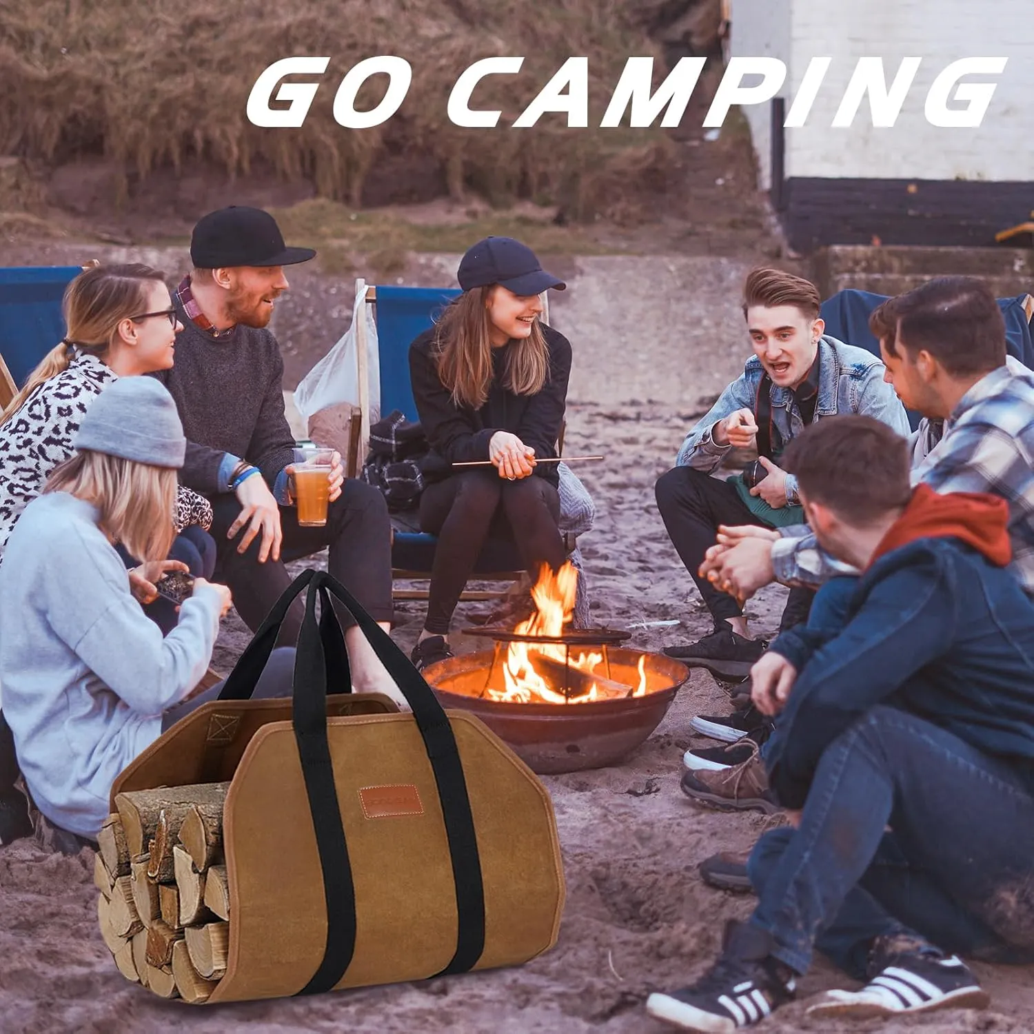 G GOOD GAIN Firewood Carrier Waxed Canvas with Handles, Wood Carrier for Firewood, 39x18 Inch Heavy Duty Firewood Storage Tote, Fireplace Log Carrier Indoor Bag, Wood Stove Accessories. Rust