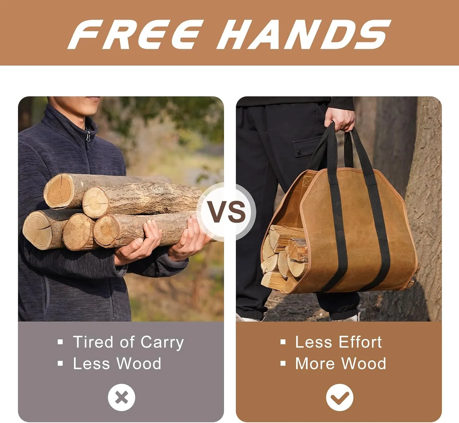 G GOOD GAIN Firewood Carrier Waxed Canvas with Handles, Wood Carrier for Firewood, 39x18 Inch Heavy Duty Firewood Storage Tote, Fireplace Log Carrier Indoor Bag, Wood Stove Accessories. Rust