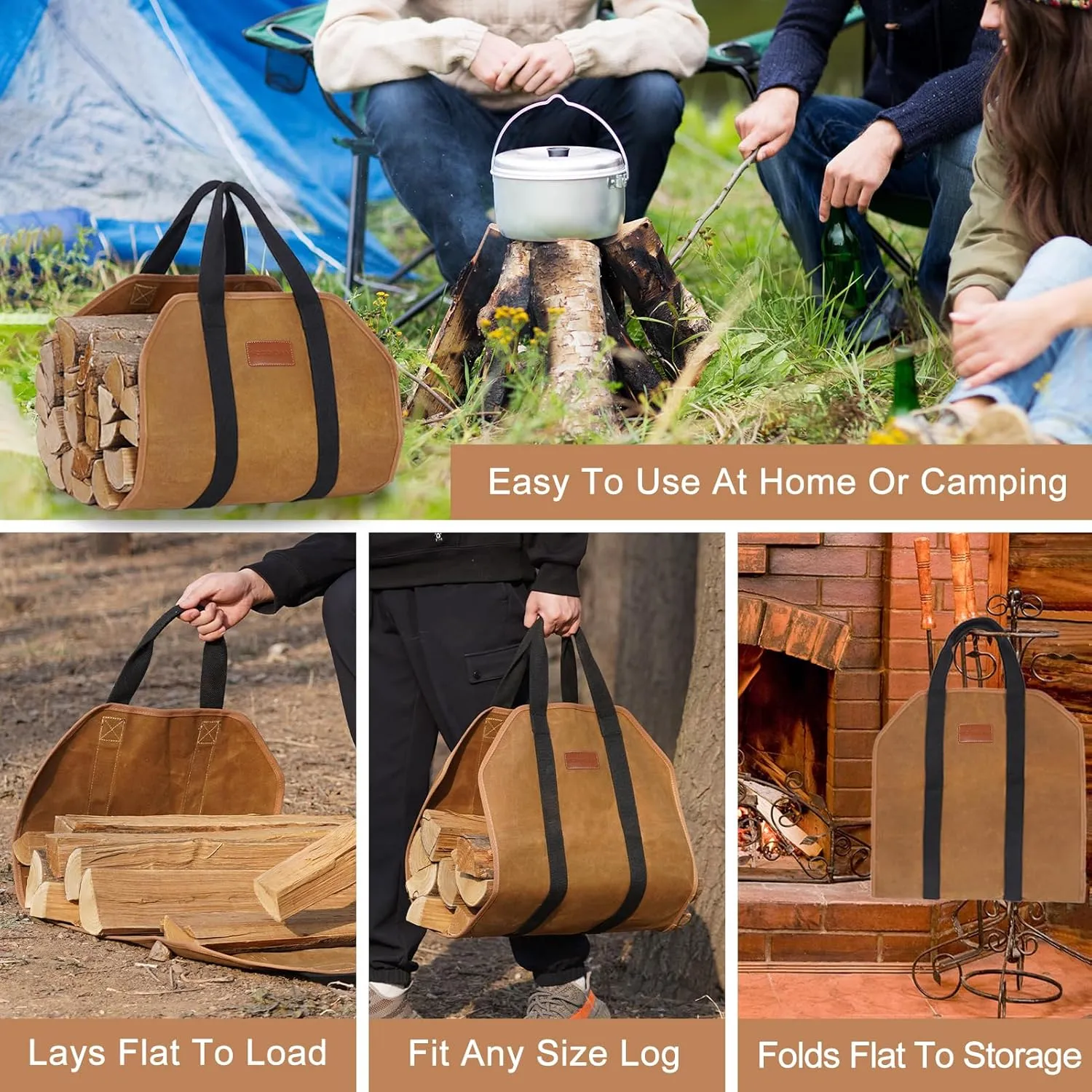 G GOOD GAIN Firewood Carrier Waxed Canvas with Handles, Wood Carrier for Firewood, 39x18 Inch Heavy Duty Firewood Storage Tote, Fireplace Log Carrier Indoor Bag, Wood Stove Accessories. Rust
